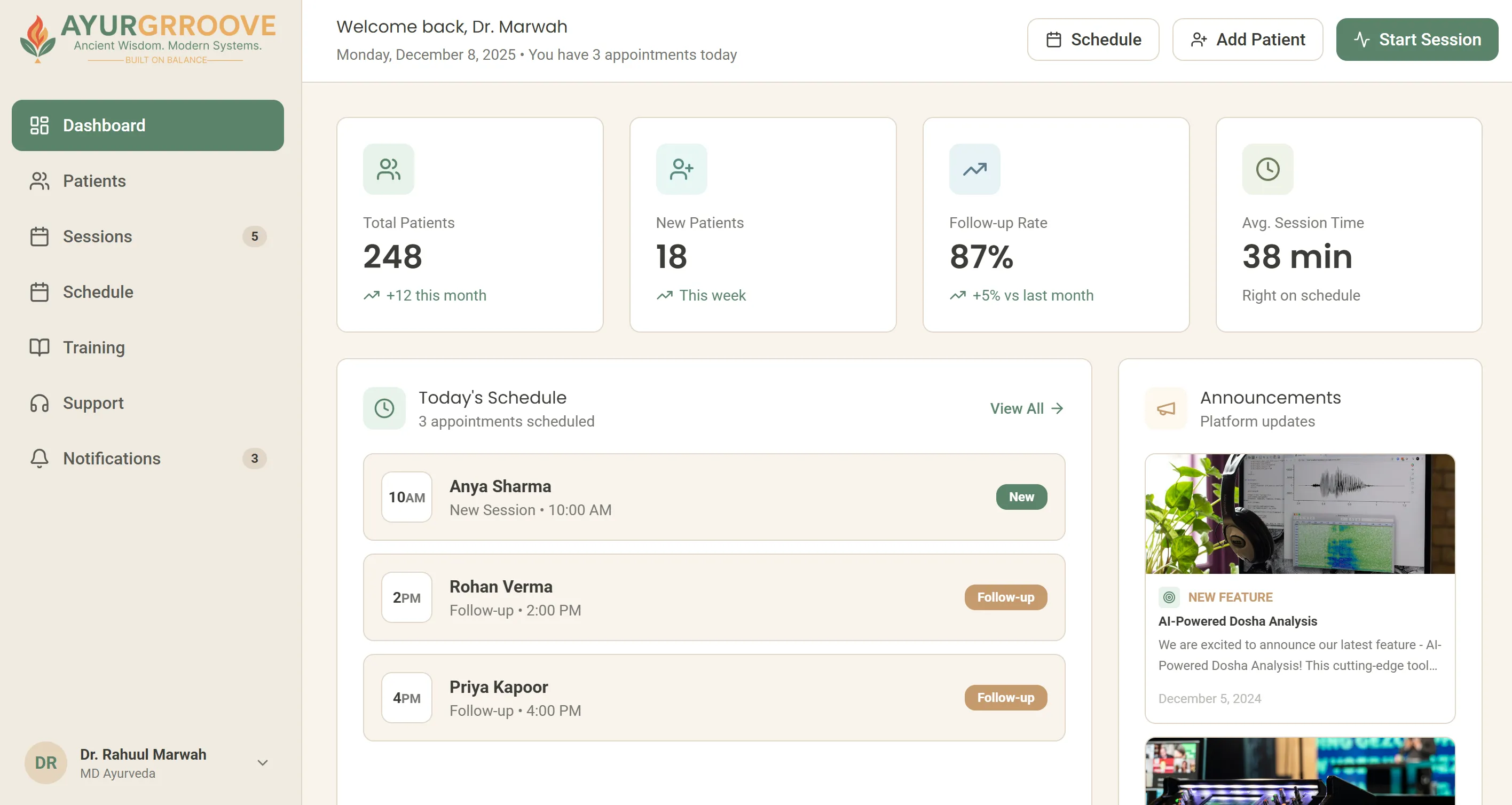 Ayurgrroove practitioner dashboard