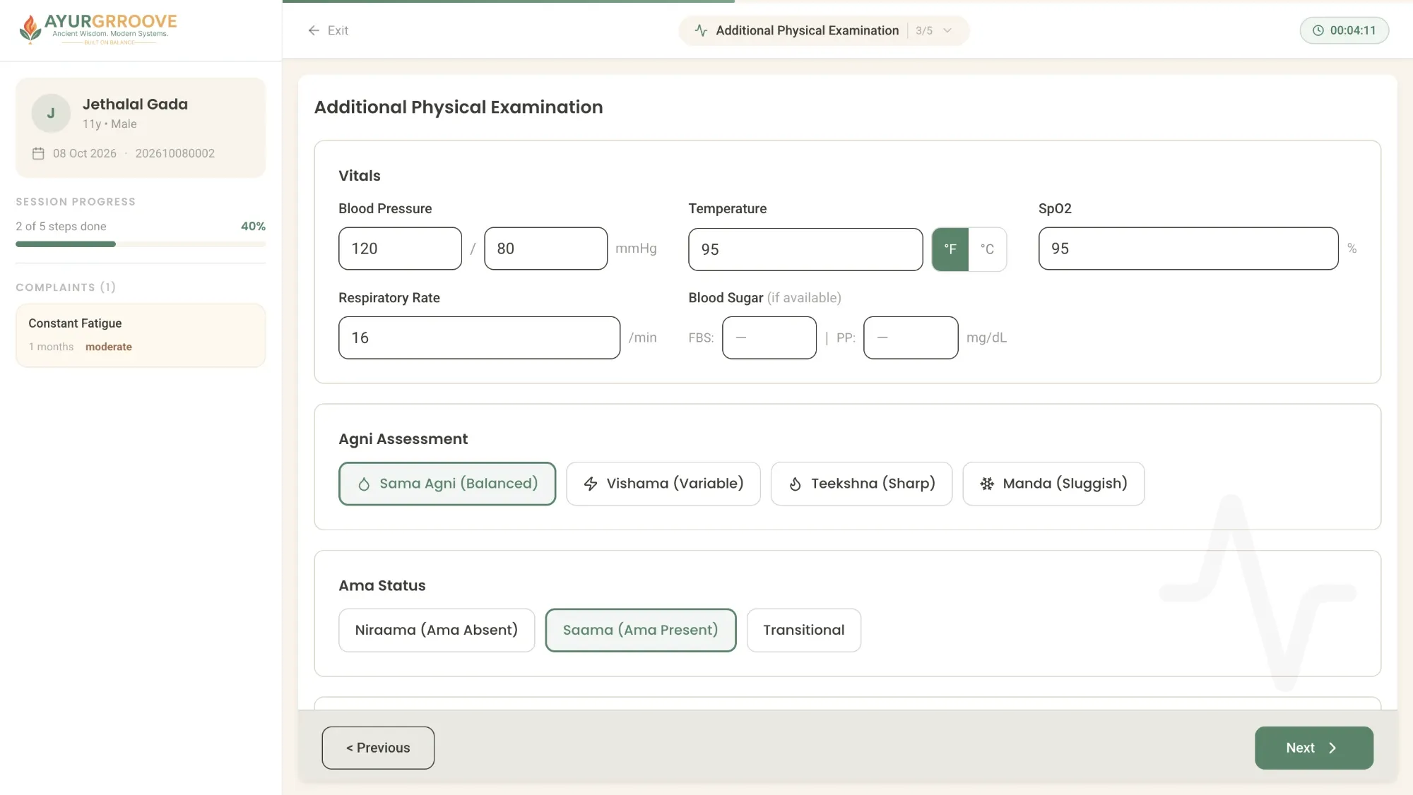 Ayurgrroove additional physical examination with vitals, Agni assessment and Ama status