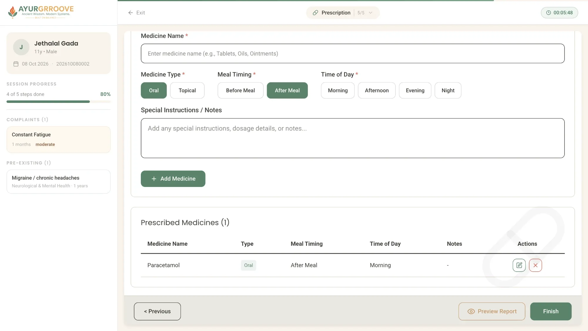 Ayurgrroove prescription step with medicine type, meal timing, time of day and the list of prescribed medicines