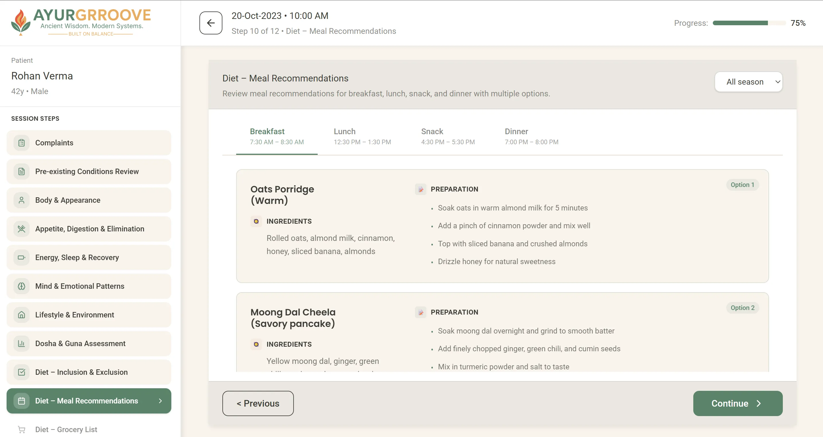 Ayurgrroove dietary recommendations and meal plan