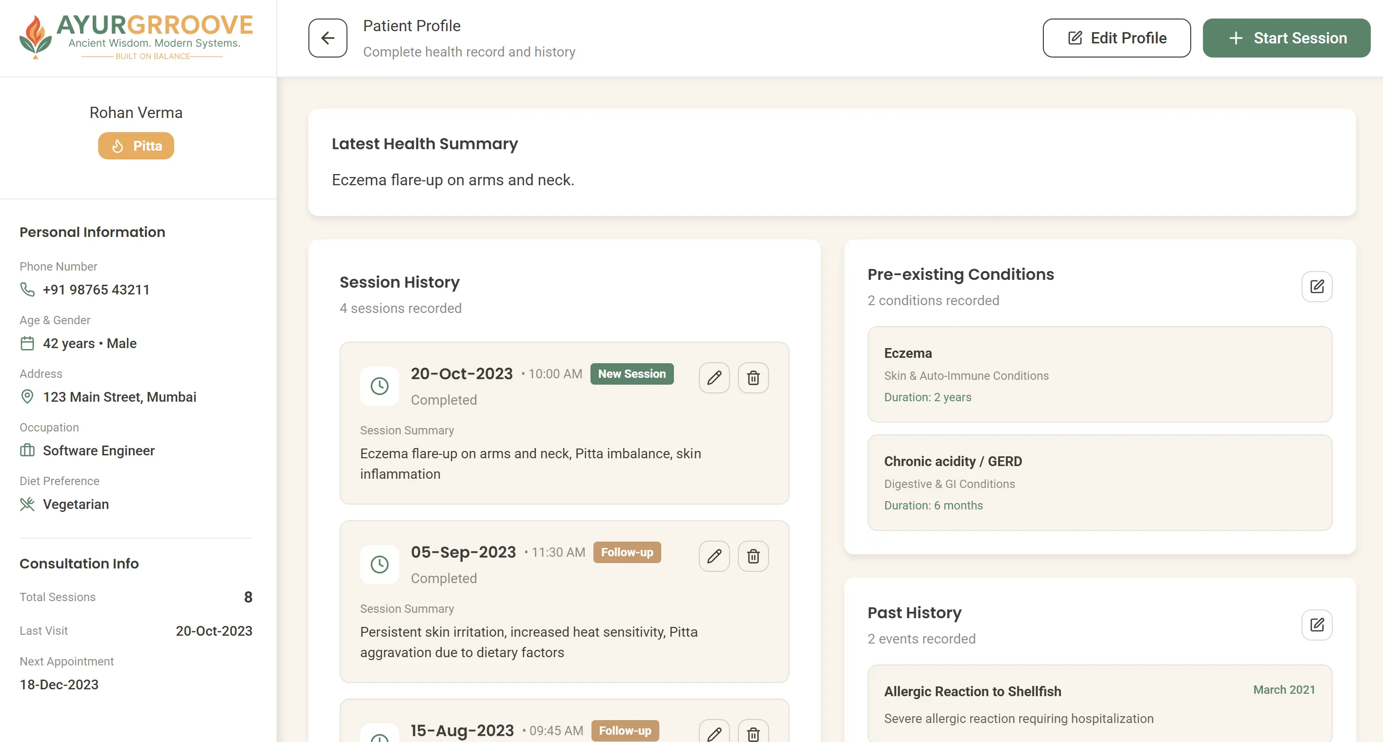 Ayurgrroove patient profile and consultation history
